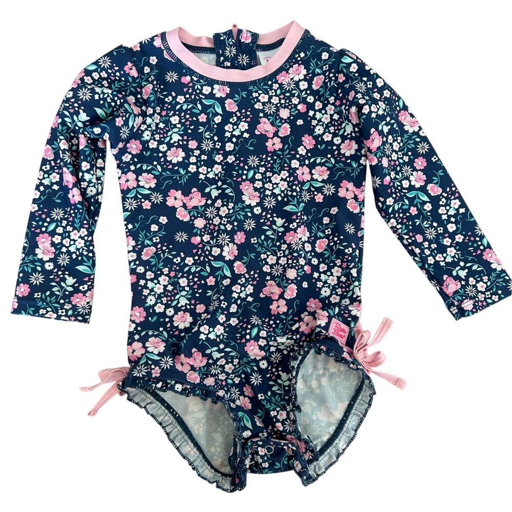 Ruffle Butts Floral Long Sleeve One‑Piece Swimsuit – Size 2T – Pink Trim